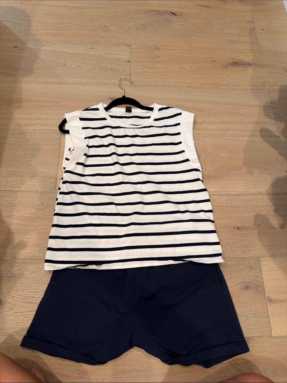 Striped White & Navy Sleeveless set great bra coverage cap sleeve